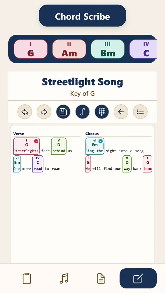 Chord Scribe chart for Streetlight Song in the key of G, with chords G, Am, Bm and C marked I, ii, iii and IV.