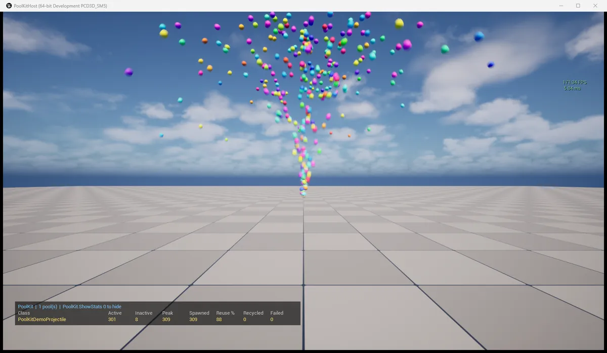 PoolKit demo in Unreal Engine: a fountain of colored projectiles over a grid floor, with the stats overlay in the corner.