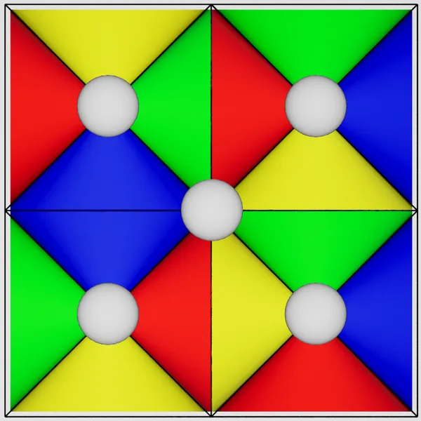 A Trigonix board: four squares split into red, yellow, green and blue triangles, with grey dots to turn them.